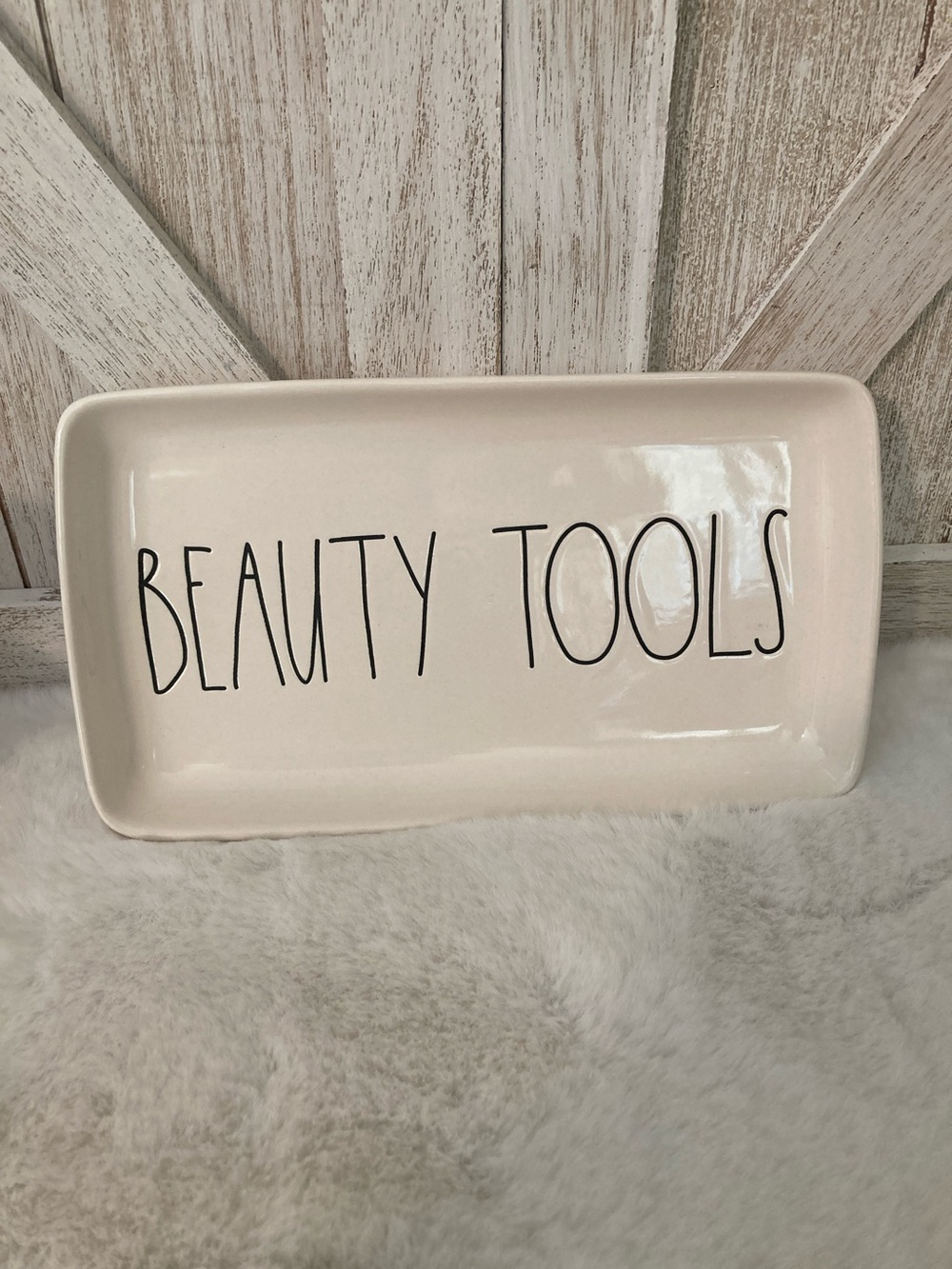 Rae Dunn Beauty Tools Ceramic Tray with Black Lettering